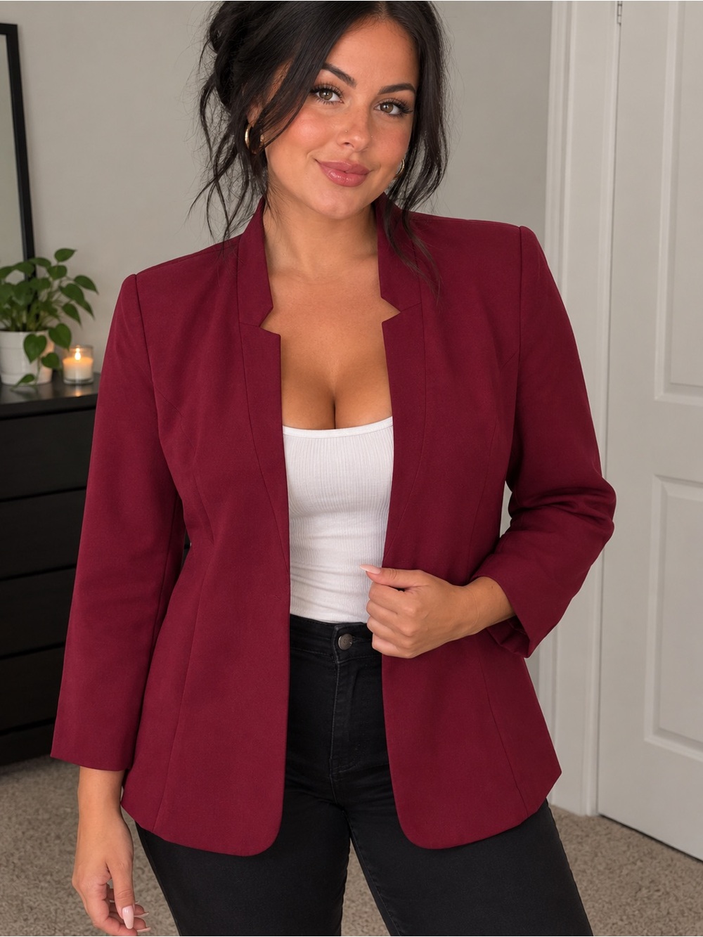 Kensie Maroon Open-Front Collarless Blazer